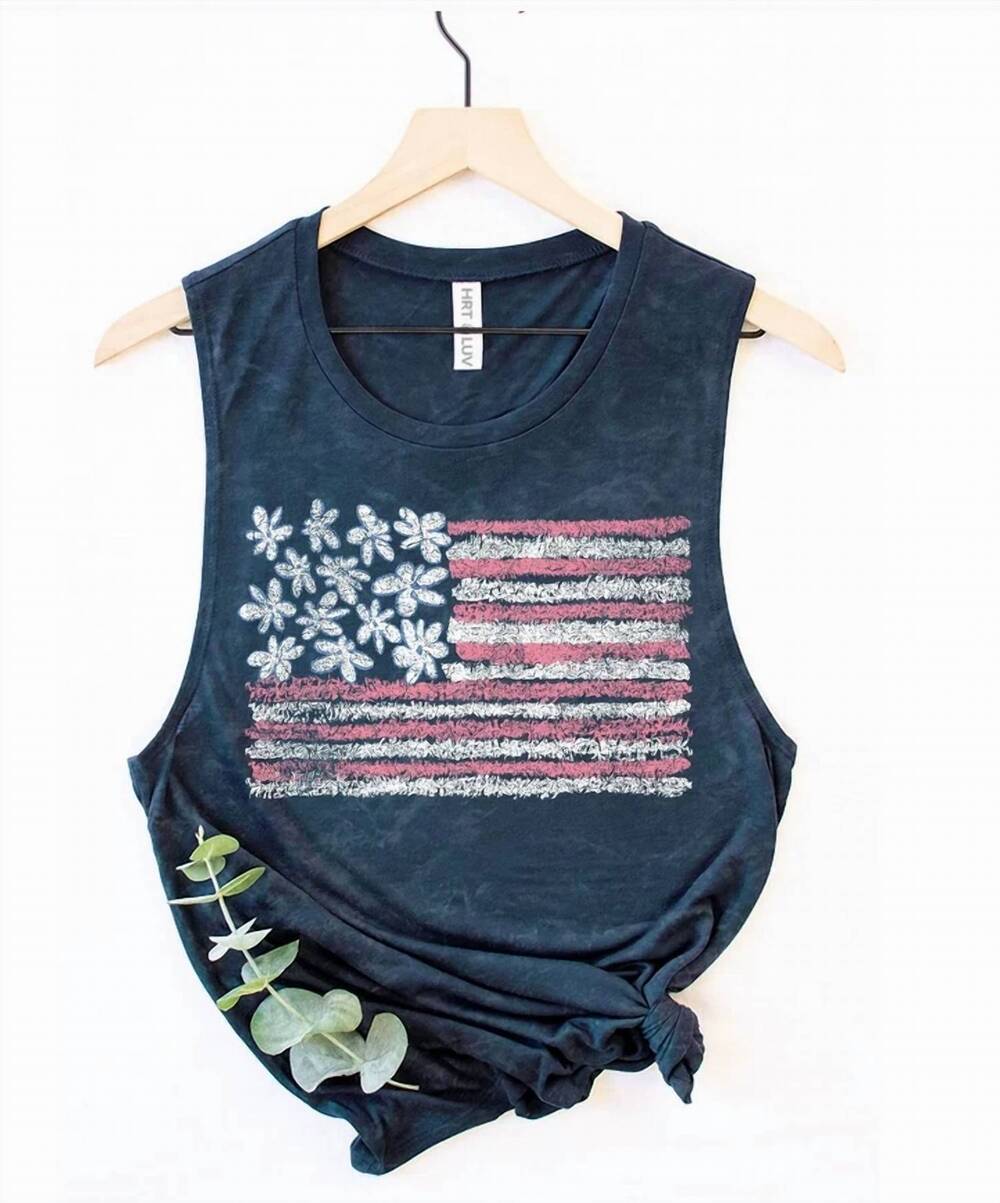 NEW HRT & LUV women's american flag graphic tank top in mineral navy